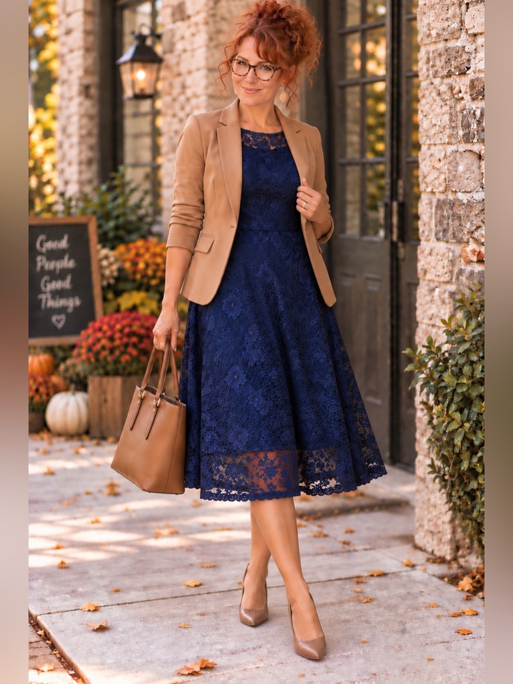 Navy Blue Floral Lace Fit & Flare Midi Dress Half Sleeve